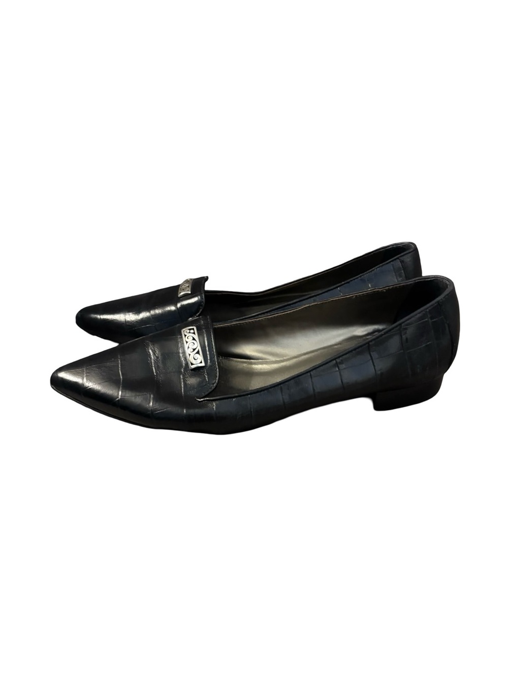 Brighton Black Pointed Croc Style Leather Old Money Office Career Flats Size 8.5